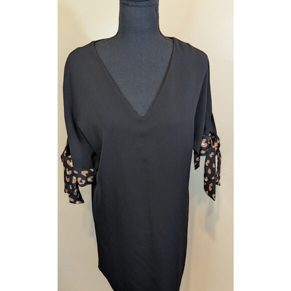 Skies Are Blue Mini Dress Black Animal Print Short Tie Sleeve Oversized Small - Picture 8 of 11